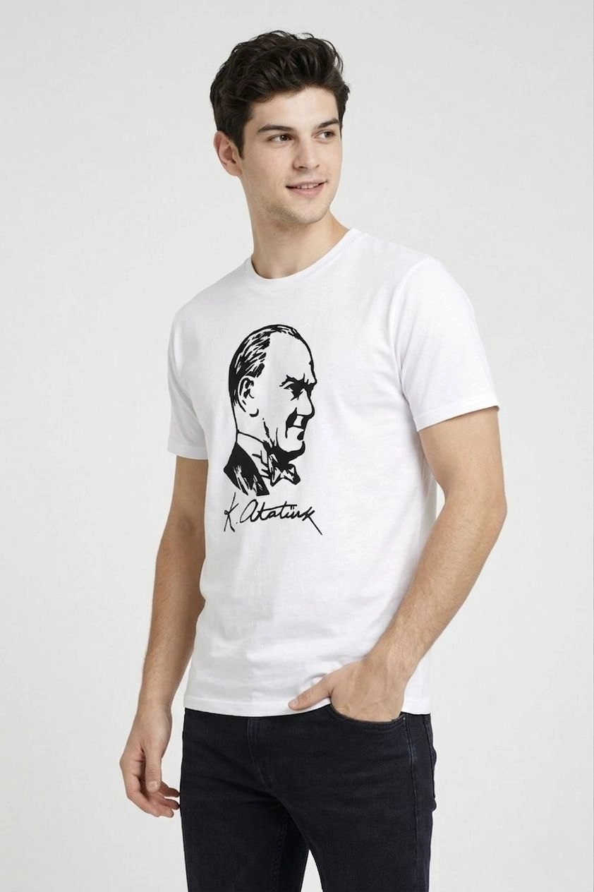 69dba16fdc974-1868511-sw842sh1264 Erkek Atatürk Baskılı Tişört Kısa Kollu Bisiklet Yaka T-Shirt - Beyaz - Görsel 2