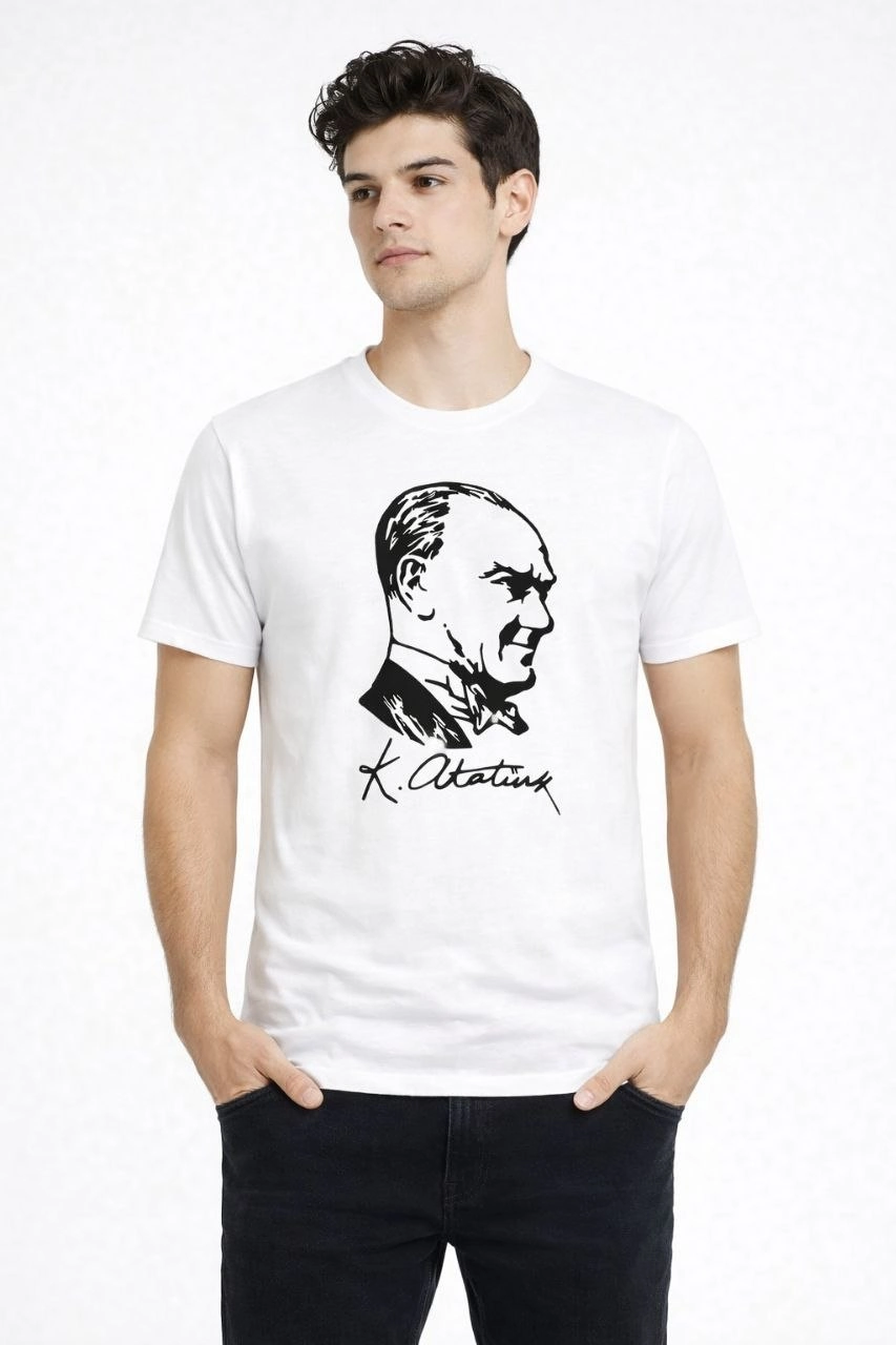 69dba16fe0cfe-89989863-sw853sh1280 Erkek Atatürk Baskılı Tişört Kısa Kollu Bisiklet Yaka T-Shirt - Beyaz