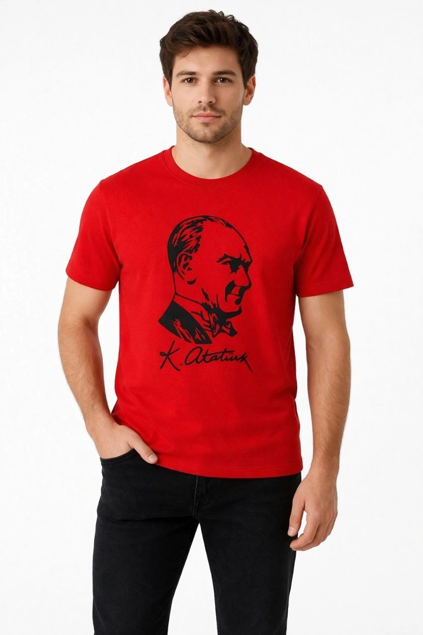 69dba370a70ab-46177617-sw853sh1280 Erkek Atatürk Baskılı Tişört Kısa Kollu Bisiklet Yaka T-Shirt - Kırmızı