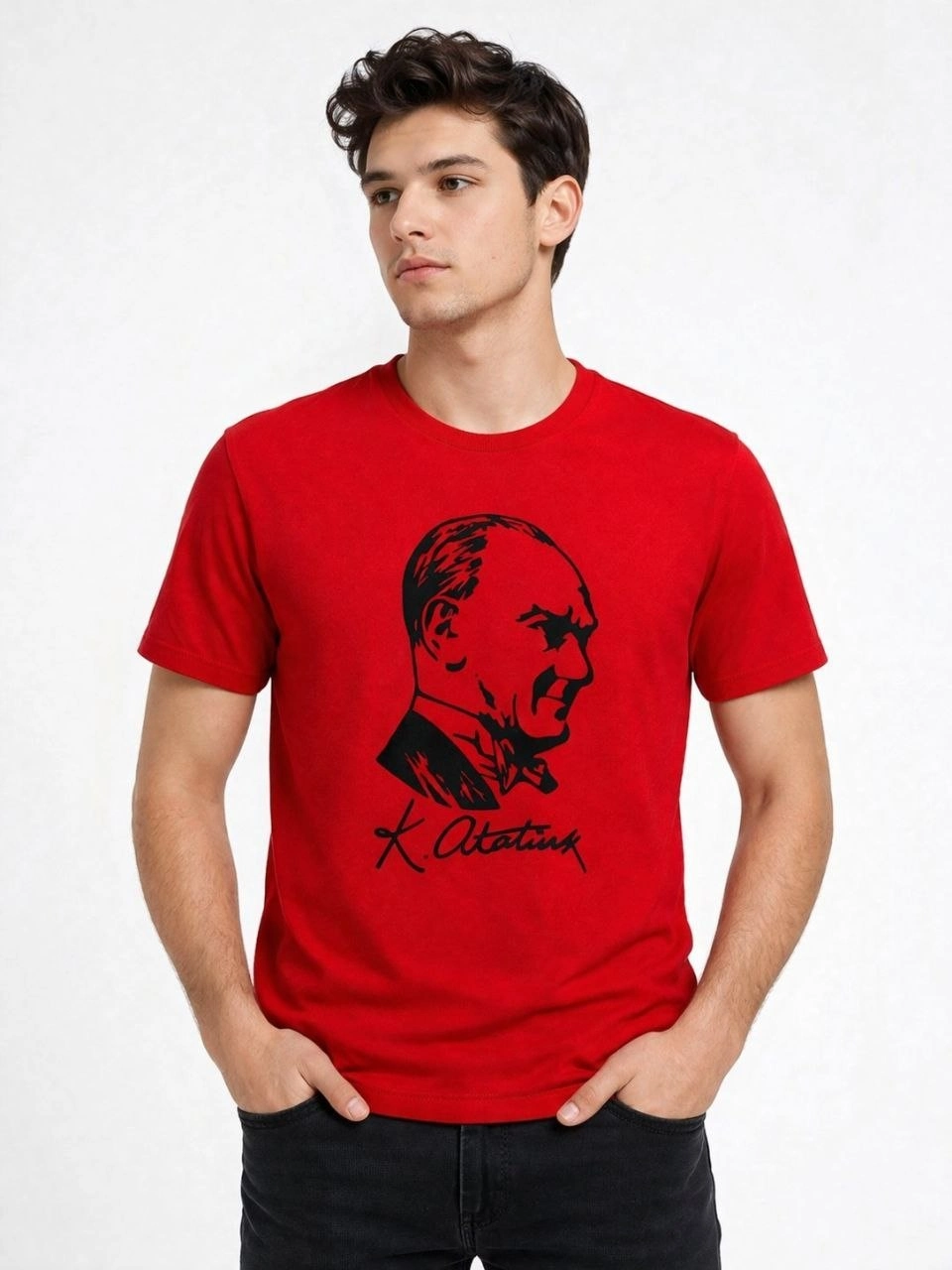 69dba370b3946-80879523-sw960sh1280 Erkek Atatürk Baskılı Tişört Kısa Kollu Bisiklet Yaka T-Shirt - Kırmızı - Görsel 2