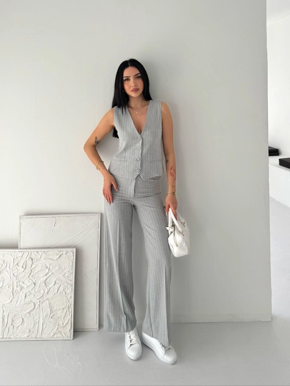 69dba97644317-1262275-sw960sh1280 Kadın Çizgili Tansel Kumaş Yelek Pantolon İkili Takım Ofis Şık Modern - Gri