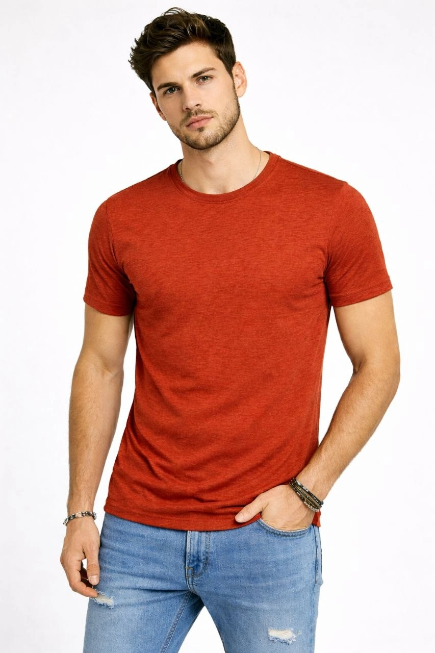 69dbbbaf4395d-50915021-sw853sh1280 Erkek Flam Kumaş Melanj Dokulu Regular Fit Tişört Bisiklet Yaka Yazlık T-Shirt - Kiremit