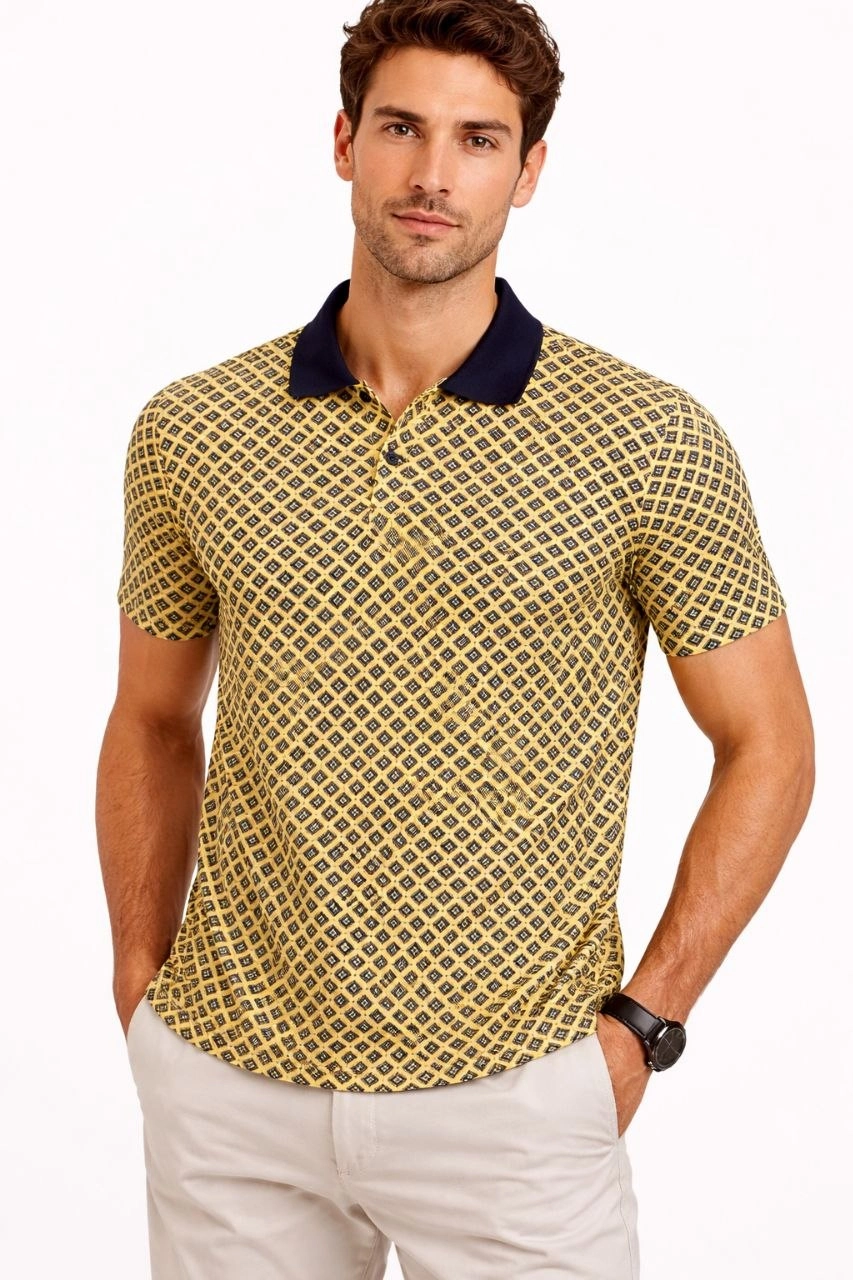 69dbc25f67fca-13351147-sw853sh1280 Erkek Pike Kumaş Polo Yaka Desenli Tişört Kısa Kol Yazlık T-Shirt - Sarı