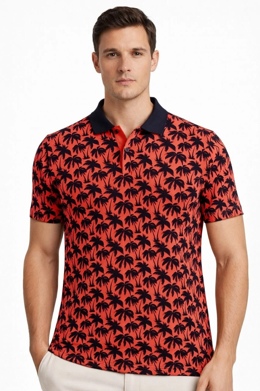 69dbc3dc1d541-43496119-sw853sh1280 Erkek Pike Kumaş Polo Yaka Palmiye Desenli Tişört Kısa Kol Yazlık T-Shirt - Kırmızı