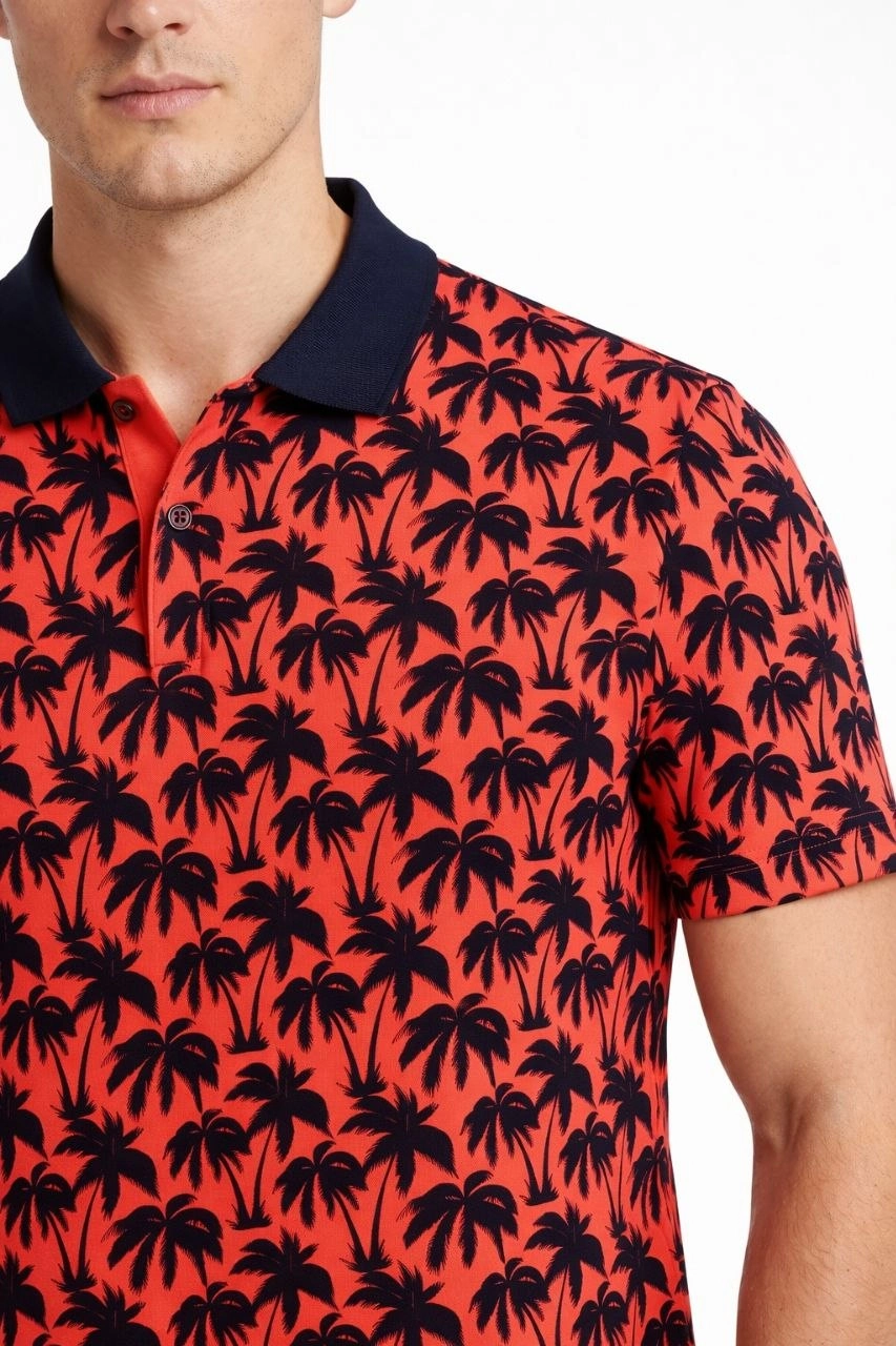 69dbc3dc1e788-39850912-sw853sh1280 Erkek Pike Kumaş Polo Yaka Palmiye Desenli Tişört Kısa Kol Yazlık T-Shirt - Kırmızı - Görsel 2