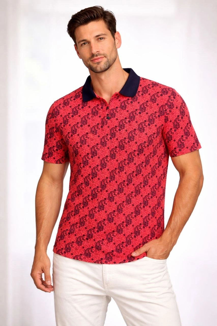 69dbc4af4547b-628321-sw853sh1280 Erkek Pike Kumaş Polo Yaka Palmiye Desenli Tişört Kısa Kol Yazlık T-Shirt - Kırmızı