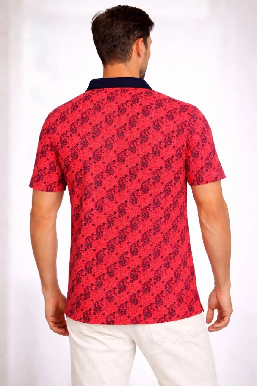 69dbc4af47b84-11566583-sw853sh1280 Erkek Pike Kumaş Polo Yaka Palmiye Desenli Tişört Kısa Kol Yazlık T-Shirt - Kırmızı - Görsel 2