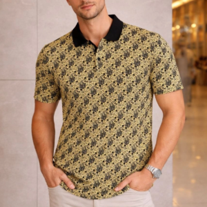 Erkek Pike Kumaş Polo Yaka Palmiye Desenli Tişört Kısa Kol Yazlık T-Shirt - Sarı