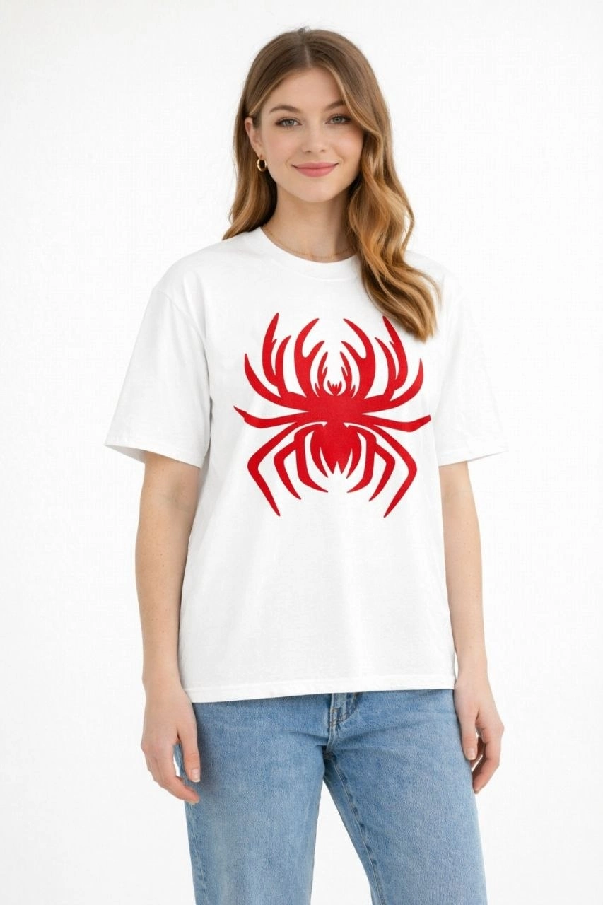 69e62cc6e87fc-33233348-sw853sh1280 Kadın Örümcek Baskılı Tişört Kısa Kollu Bisiklet Yaka T-Shirt - Beyaz - Görsel 2