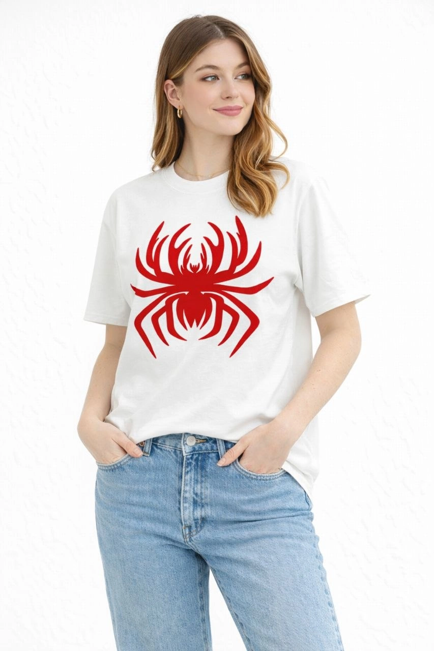 69e62cc6f12b6-10494012-sw853sh1280 Kadın Örümcek Baskılı Tişört Kısa Kollu Bisiklet Yaka T-Shirt - Beyaz