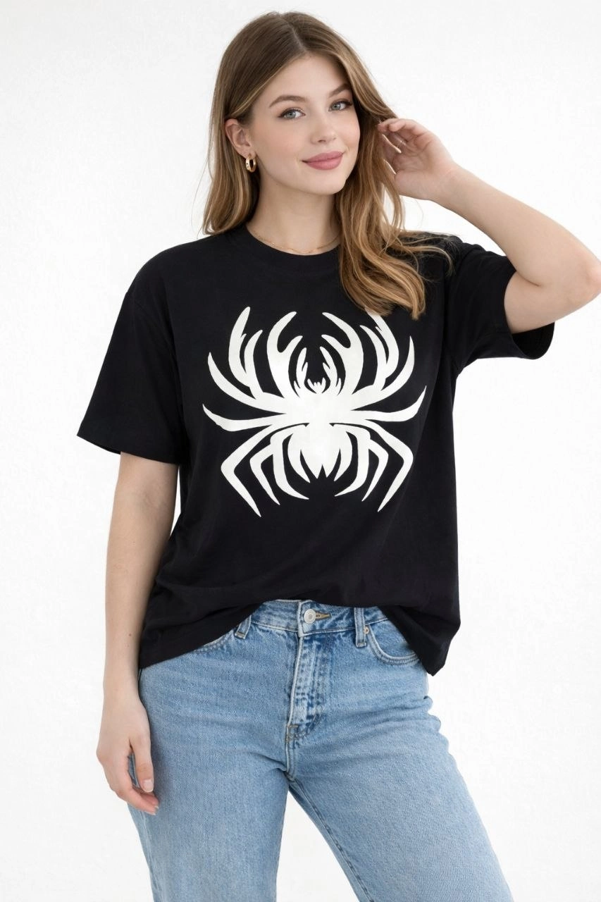 69e62ea15f854-33106446-sw853sh1280 Kadın Örümcek Baskılı Tişört Kısa Kollu Bisiklet Yaka T-Shirt - Siyah