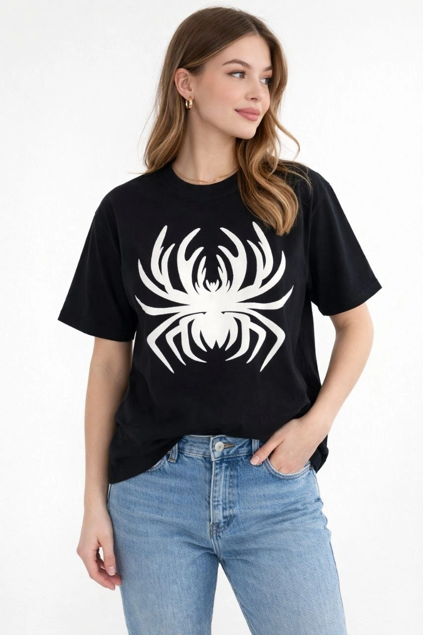 69e62ea162f04-58997349-sw853sh1280 Kadın Örümcek Baskılı Tişört Kısa Kollu Bisiklet Yaka T-Shirt - Siyah - Görsel 2