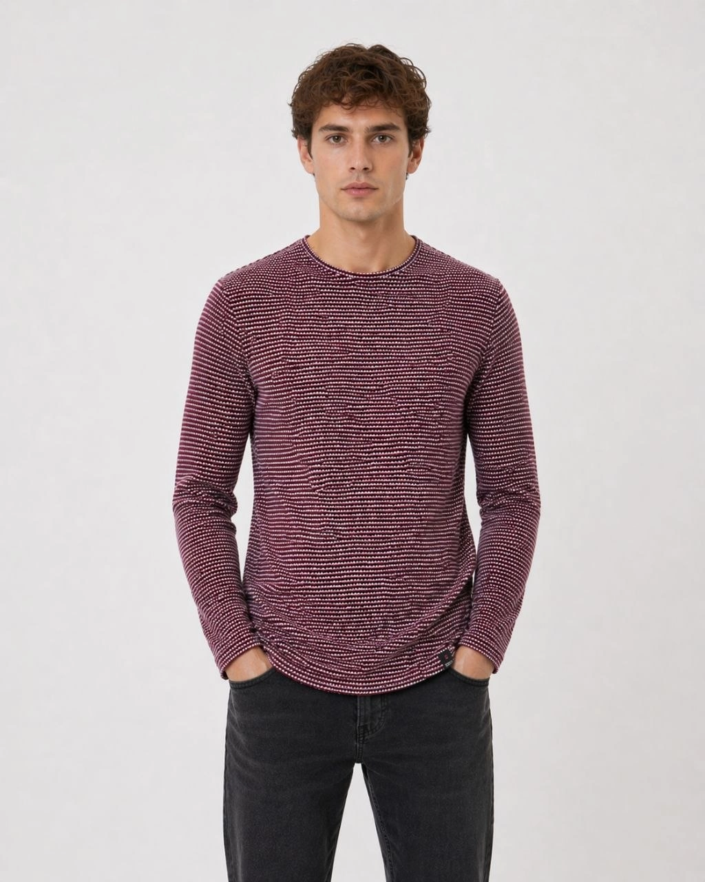 69eb9f1f84649-13450322-sw1024sh1280 Erkek Dokulu Çizgili Uzun Kollu Tişört Oval Kesim - Bordo - Görsel 2