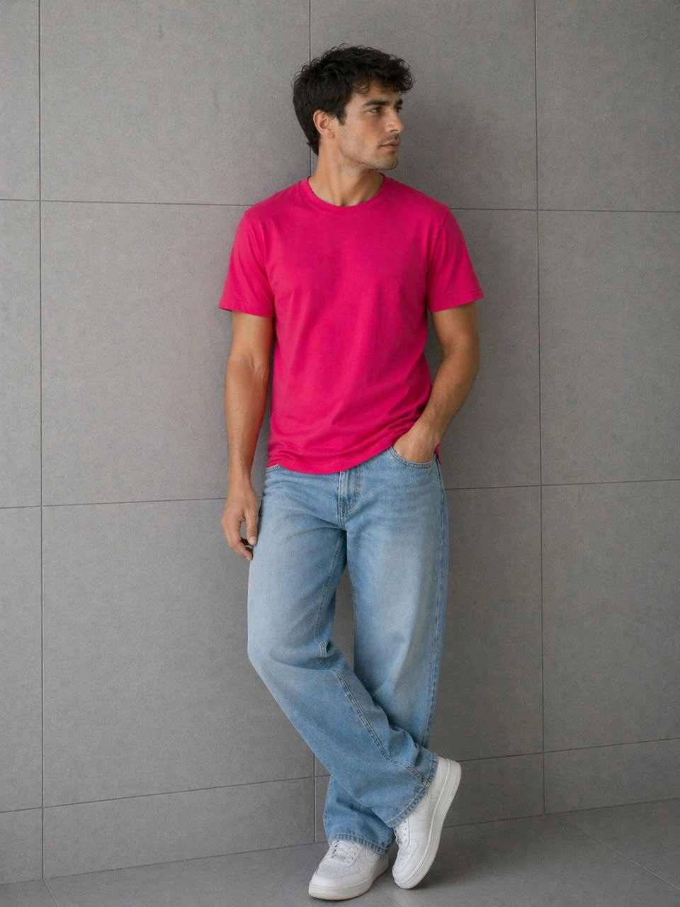 69eba23c04f26-66576120-sw960sh1280 Erkek Basic Pamuklu Tişört Bisiklet Yaka Düz Renk Regular Fit T-Shirt - Fuşya - Görsel 2