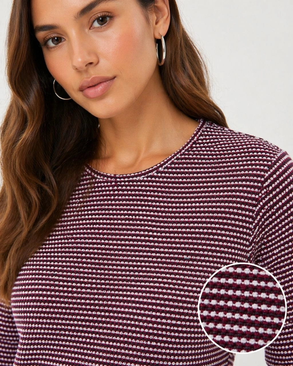 69ee15e6dc0d7-84993320-sw1024sh1280 Kadın Dokulu Çizgili Uzun Kollu Tişört Oval Kesim Basic Rahat Kalıp Bluz - Bordo