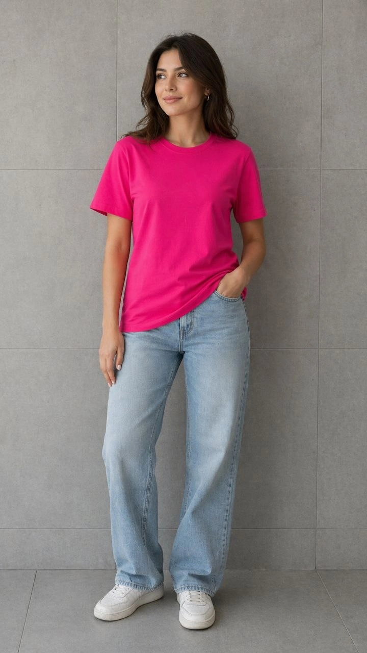 69ee17458562e-23123348-sw720sh1280 Kadın Basic Pamuklu Tişört Bisiklet Yaka Düz Renk Relaxed Fit T-Shirt - Fuşya
