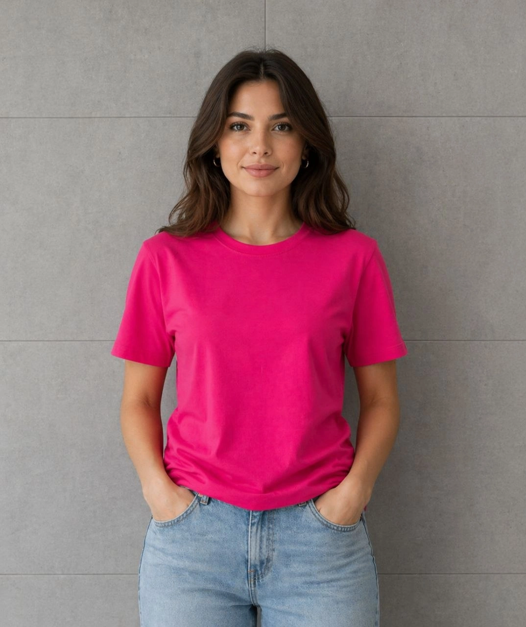 69ee1745c655f-47925099-sw1074sh1280 Kadın Basic Pamuklu Tişört Bisiklet Yaka Düz Renk Relaxed Fit T-Shirt - Fuşya - Görsel 2