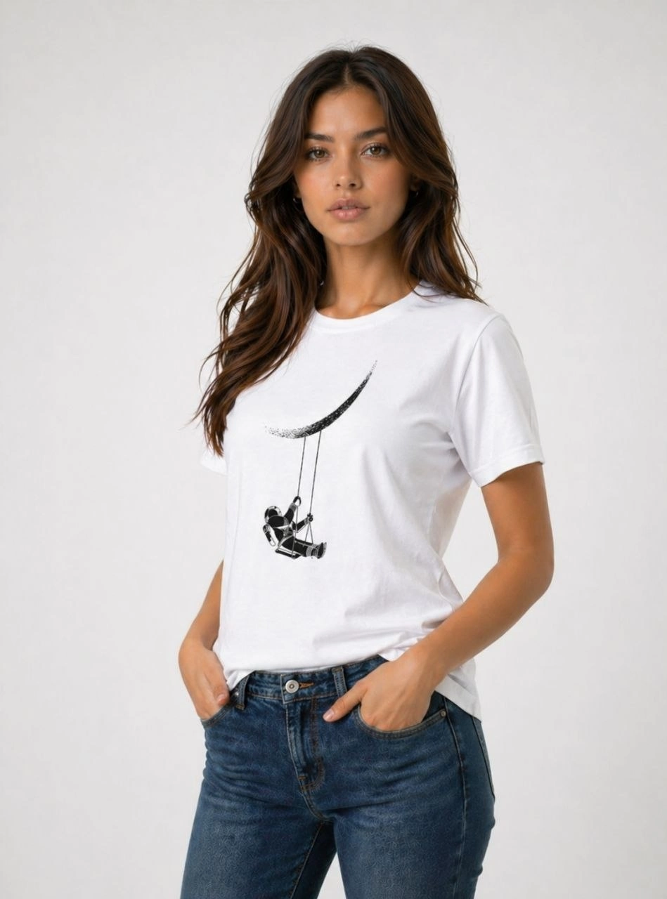 69f07f0ae5945-3199031-sw949sh1280 Kadın Astronot Ay Temalı Tişört Kısa Kol Yazlık Bisiklet Yaka T-Shirt - Beyaz