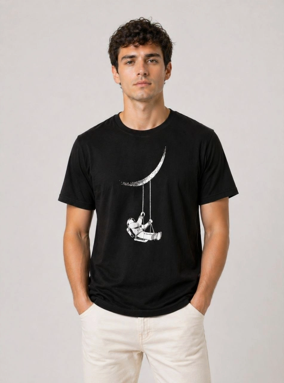 69f07ffe331d7-88013313-sw951sh1280 Erkek Astronot Ay Temalı Tişört Kısa Kol Yazlık Bisiklet Yaka T-Shirt - Siyah - Görsel 2
