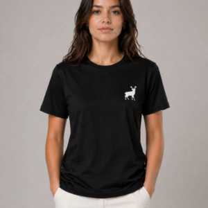 Kadın Minimal Geyik Logolu Tişört Bisiklet Yaka Kısa kol Yazlık T-Shirt - Siyah