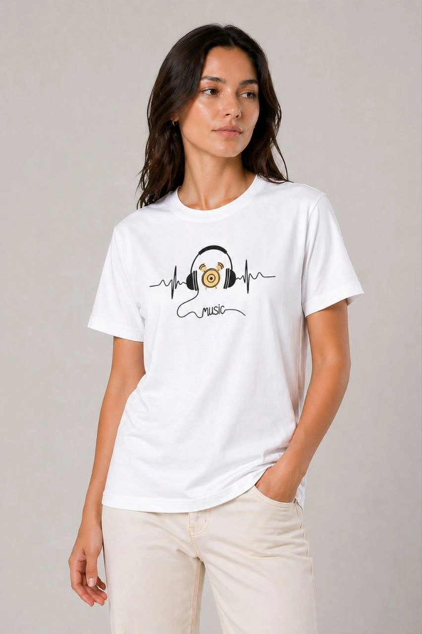 69f0cd4f74126-59423887-sw852sh1280 Kadın Müzik Temalı Baskılı Tişört Bisiklet Yaka Kısa Kol T-Shirt - Beyaz