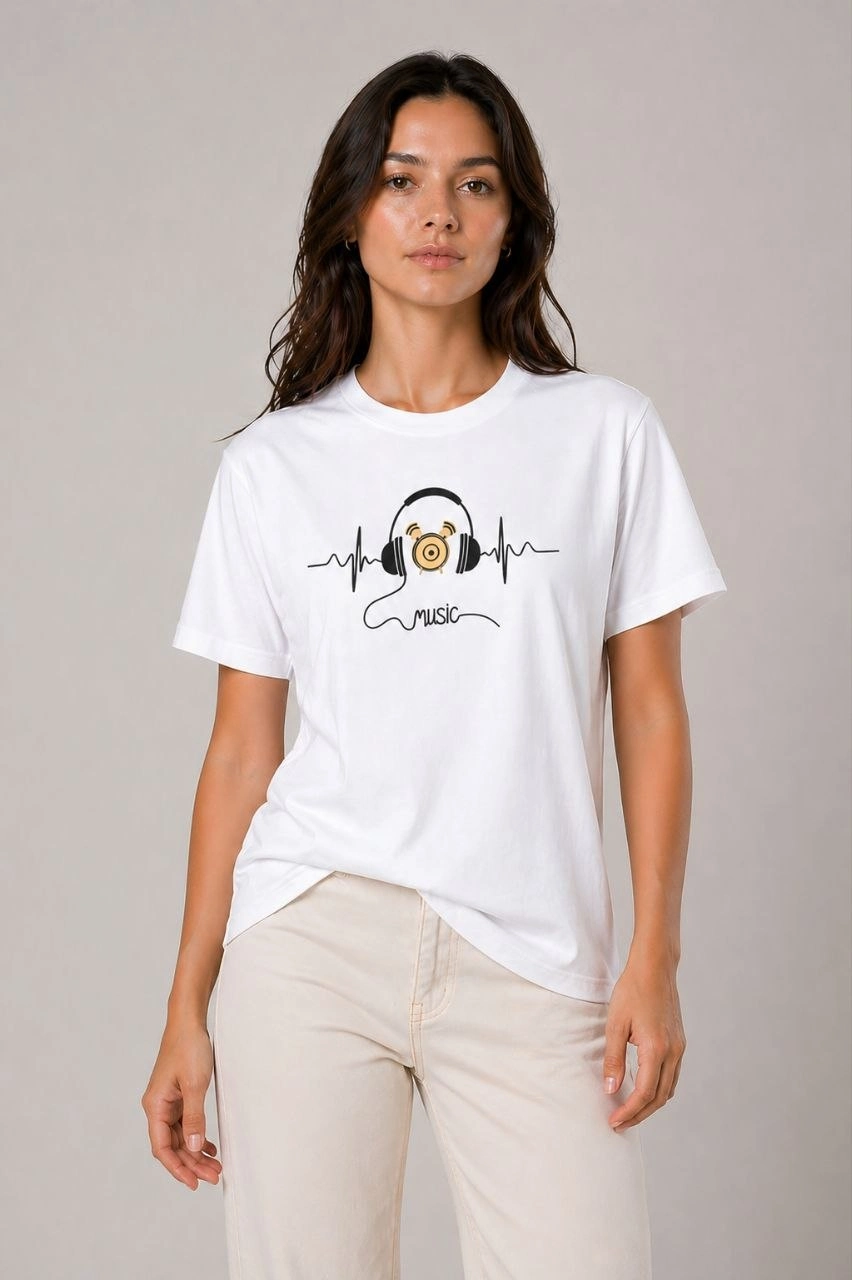 69f0cd4f79122-59704073-sw852sh1280 Kadın Müzik Temalı Baskılı Tişört Bisiklet Yaka Kısa Kol T-Shirt - Beyaz - Görsel 2
