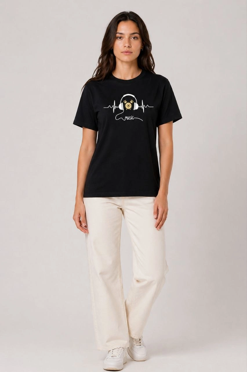 69f0cdb67ae5a-92087731-sw852sh1280 Kadın Müzik Temalı Baskılı Tişört Bisiklet Yaka Kısa Kol T-Shirt - Siyah - Görsel 2