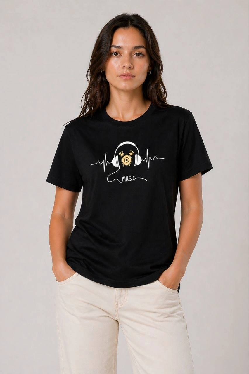 69f0cdb71735e-44865456-sw852sh1280 Kadın Müzik Temalı Baskılı Tişört Bisiklet Yaka Kısa Kol T-Shirt - Siyah