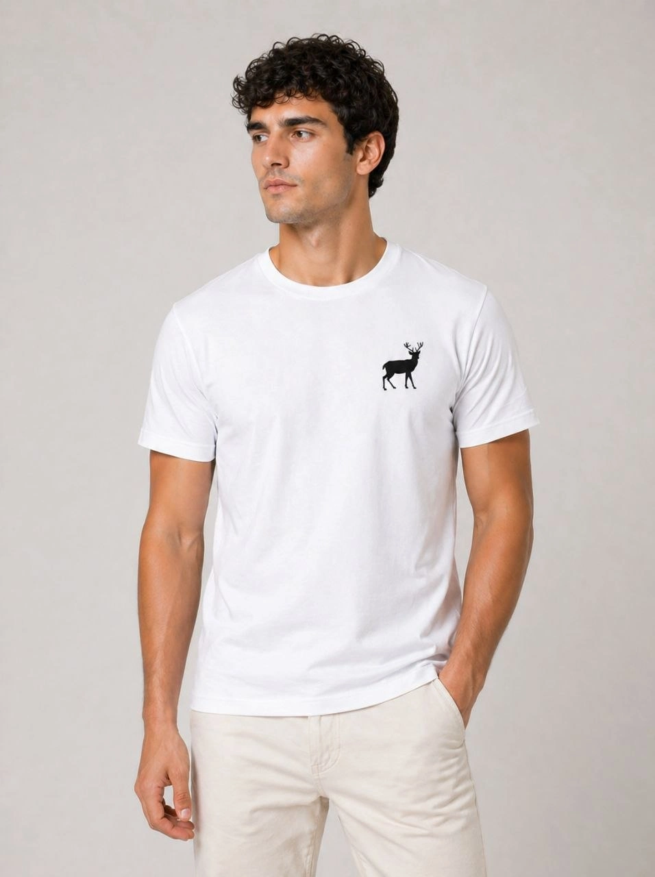 69f0d98f803ba-28347951-sw956sh1280 Erkek Minimal Geyik Logolu Tişört Bisiklet Yaka Kısa kol Yazlık T-Shirt - Beyaz