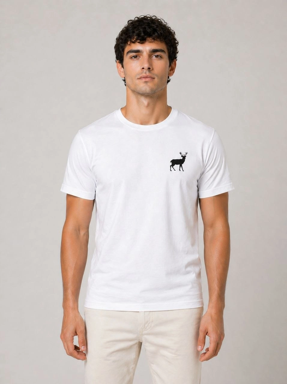 69f0d98f902fb-81429967-sw956sh1280 Erkek Minimal Geyik Logolu Tişört Bisiklet Yaka Kısa kol Yazlık T-Shirt - Beyaz - Görsel 2