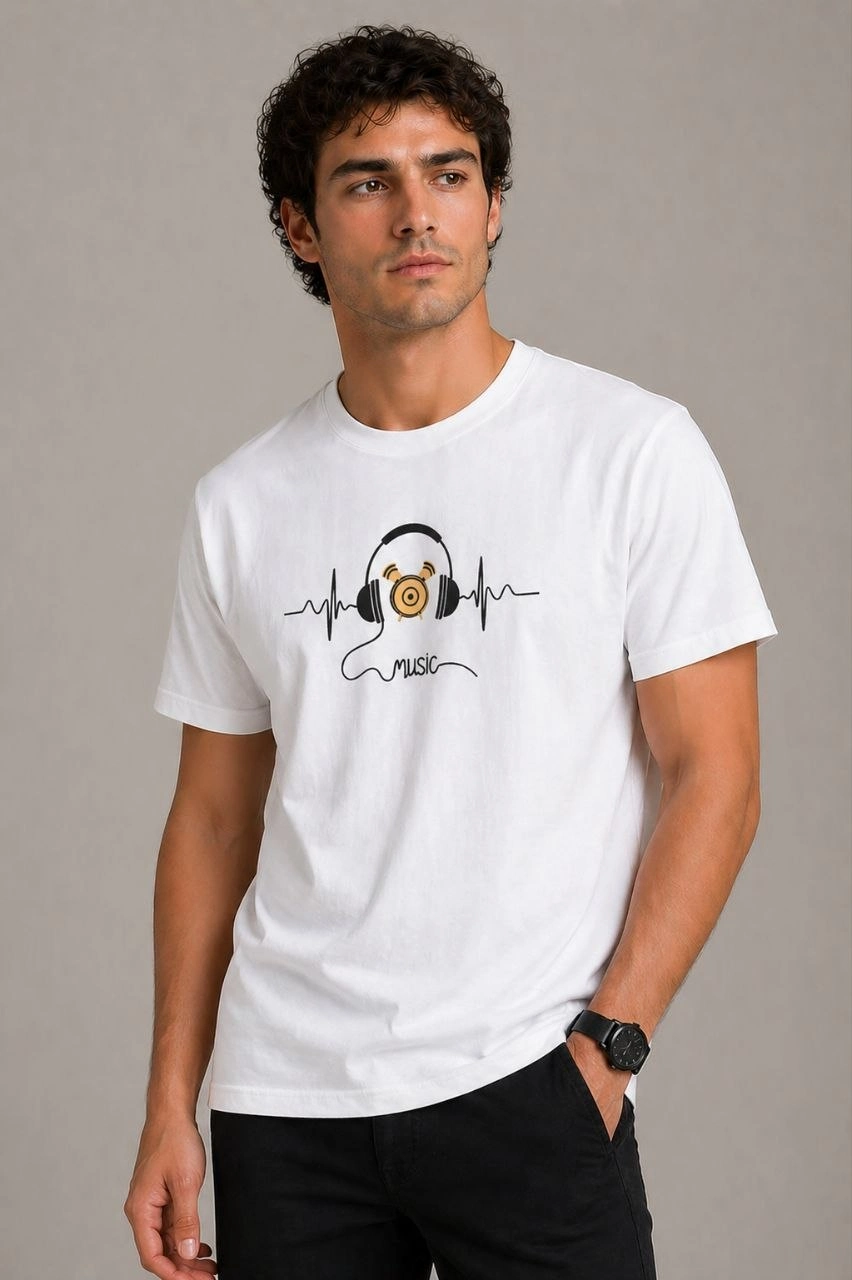 69f0da517e467-18455976-sw852sh1280 Erkek Müzik Temalı Baskılı Tişört Bisiklet Yaka Kısa Kol T-Shirt - Beyaz