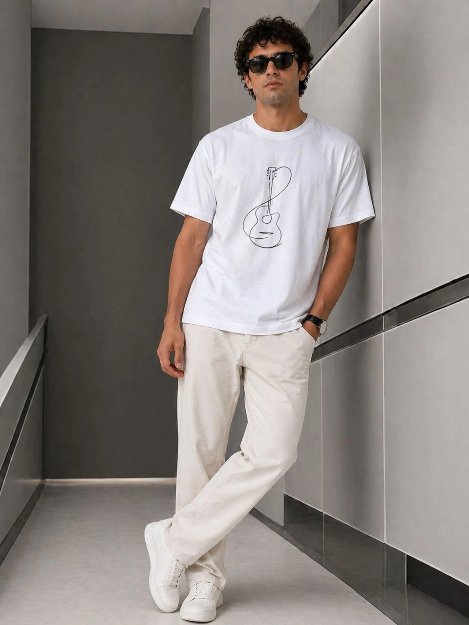 69f0db974f3dd-70641392-sw960sh1280 Erkek Minimal Gitar Baskılı Tişört T-Shirt Yazlık Kısa Kol Bisiklet Yaka T-Shirt - Beyaz - Görsel 2