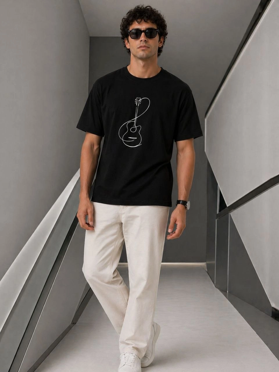 69f0dbd3dda25-88118679-sw960sh1280 Erkek Minimal Gitar Baskılı Tişört T-Shirt Yazlık Kısa Kol Bisiklet Yaka T-Shirt - Siyah - Görsel 2