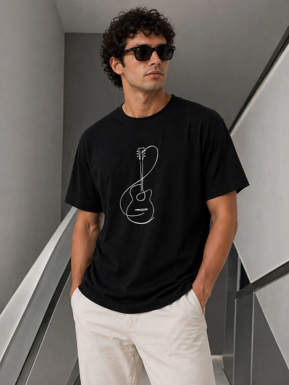 69f0dbd3de158-73914061-sw960sh1280 Erkek Minimal Gitar Baskılı Tişört T-Shirt Yazlık Kısa Kol Bisiklet Yaka T-Shirt - Siyah