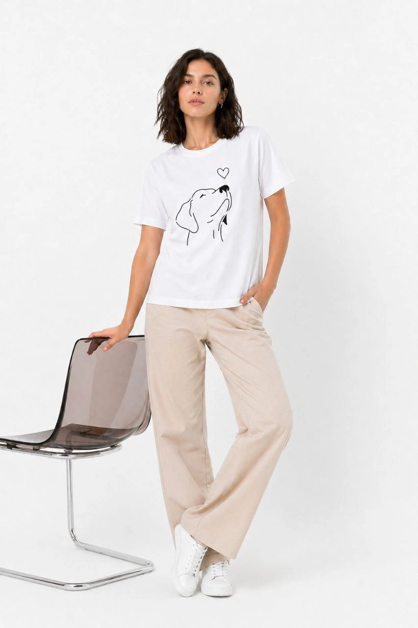 69f330d748825-18416314-sw853sh1280 Kadın Köpek Figürlü Minimal Baskılı Tişört Kısa Kol Yazlık T-Shirt - Beyaz - Görsel 2