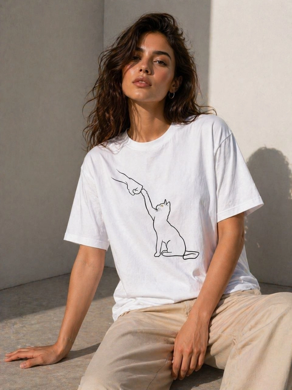 69f3322475517-70153890-sw960sh1280 Kadın Minimal Kedi Çizim Baskılı Tişört Kısa Kol Yazlık T-Shirt - Beyaz