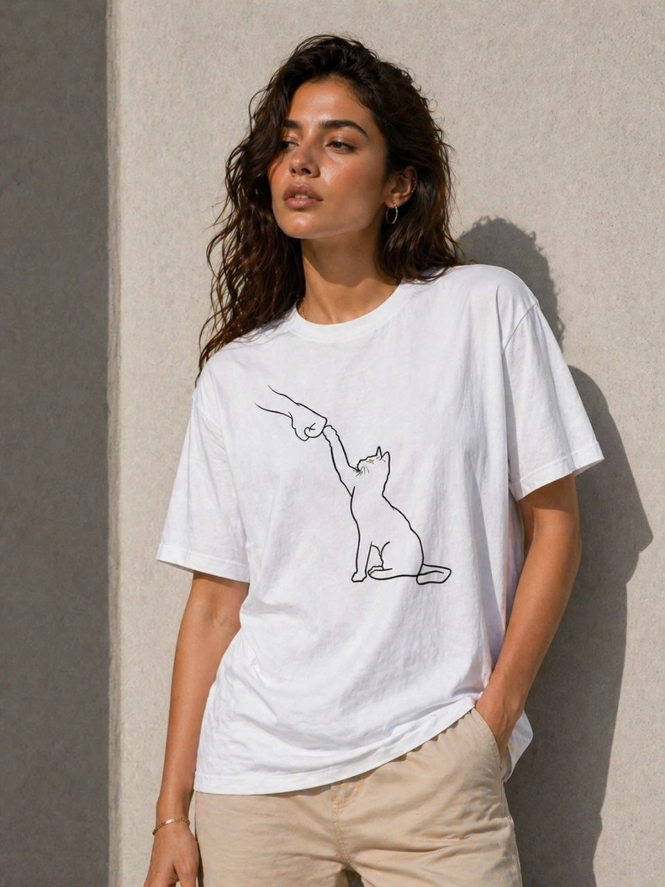 69f3322478314-80156834-sw960sh1280 Kadın Minimal Kedi Çizim Baskılı Tişört Kısa Kol Yazlık T-Shirt - Beyaz - Görsel 2