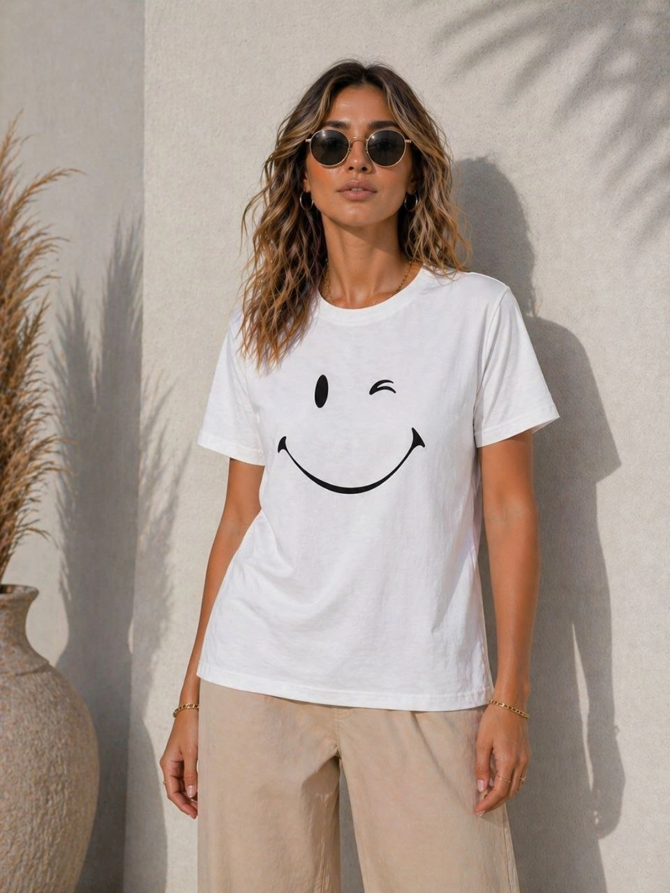 69f33345ee045-32774075-sw960sh1280 Kadın Minimal Gülümseyen Yüz Baskılı Tişört Kısa Kol Yazlık T-Shirt - Beyaz