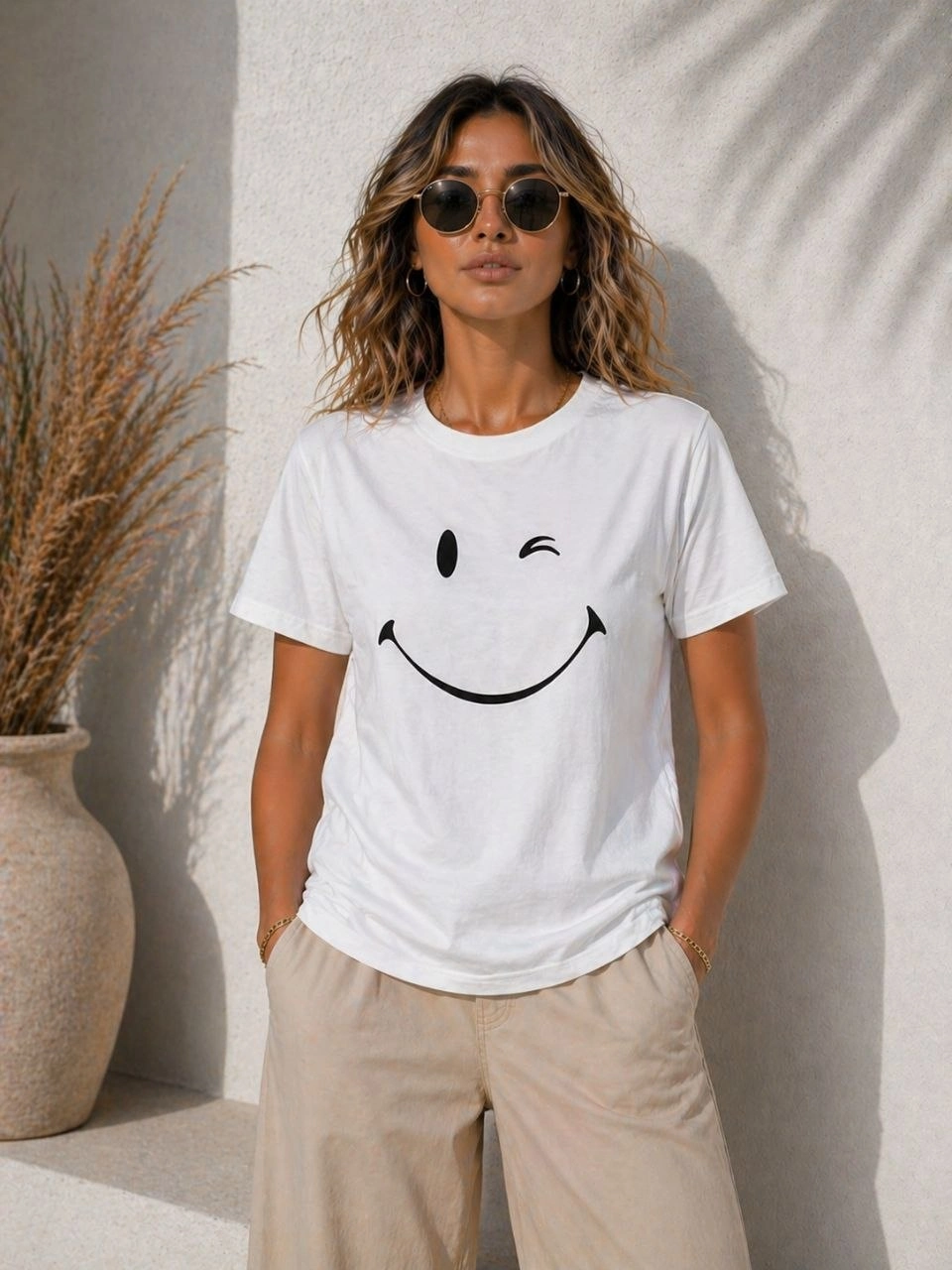 69f3334604997-91824026-sw960sh1280 Kadın Minimal Gülümseyen Yüz Baskılı Tişört Kısa Kol Yazlık T-Shirt - Beyaz - Görsel 2