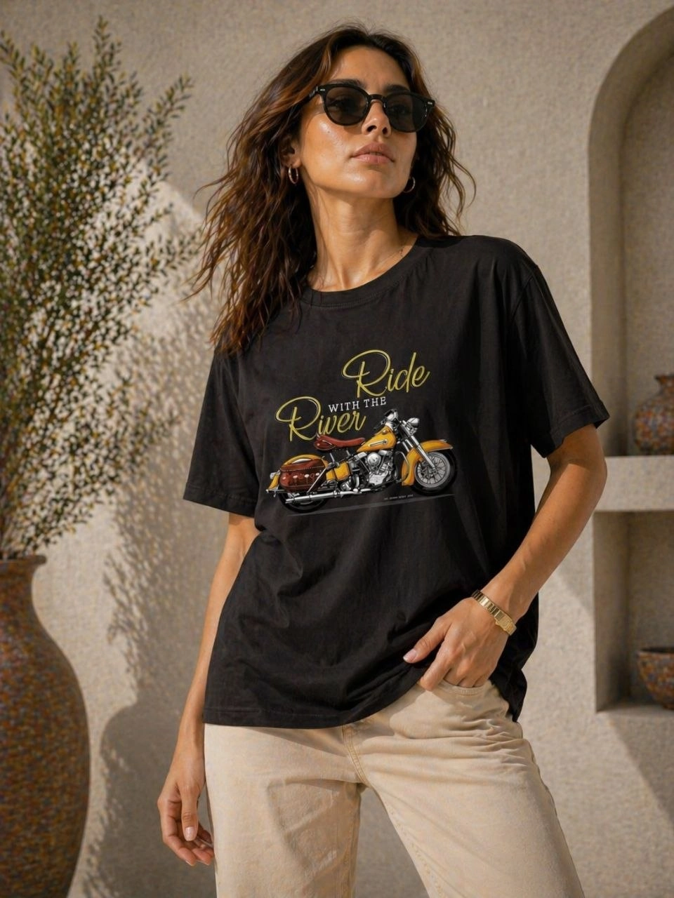 69f4882677a47-49961923-sw960sh1280 Kadın Motosiklet Baskılı Tişört Bisiklet Yaka Kısa Kol Yazlık T-Shirt - Siyah