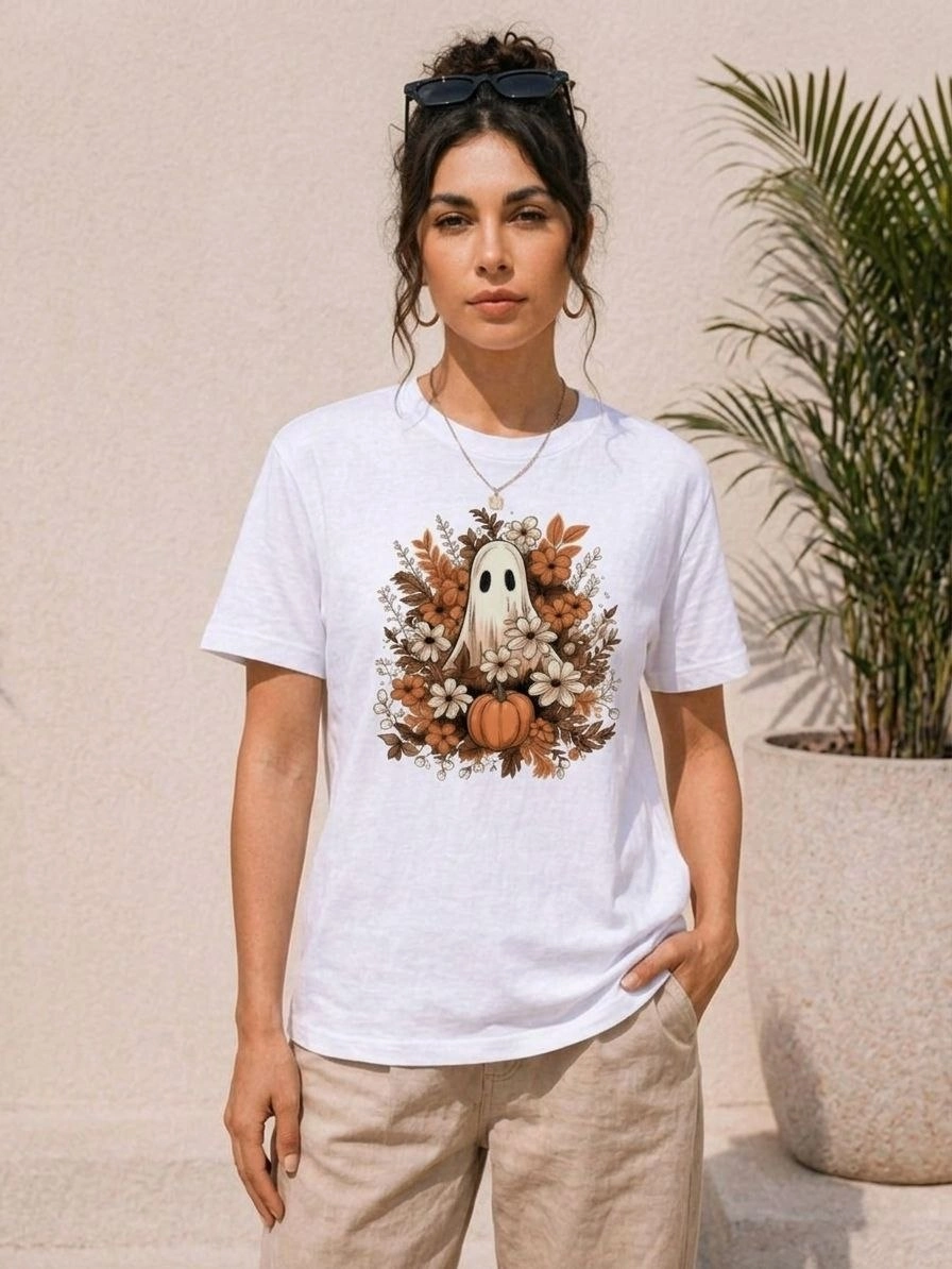 69f4893426507-11742444-sw896sh1194 Kadın Balkabağı Hayalet Baskılı Tişört Kısa Kol Yazlık T-Shirt - Beyaz - Görsel 2