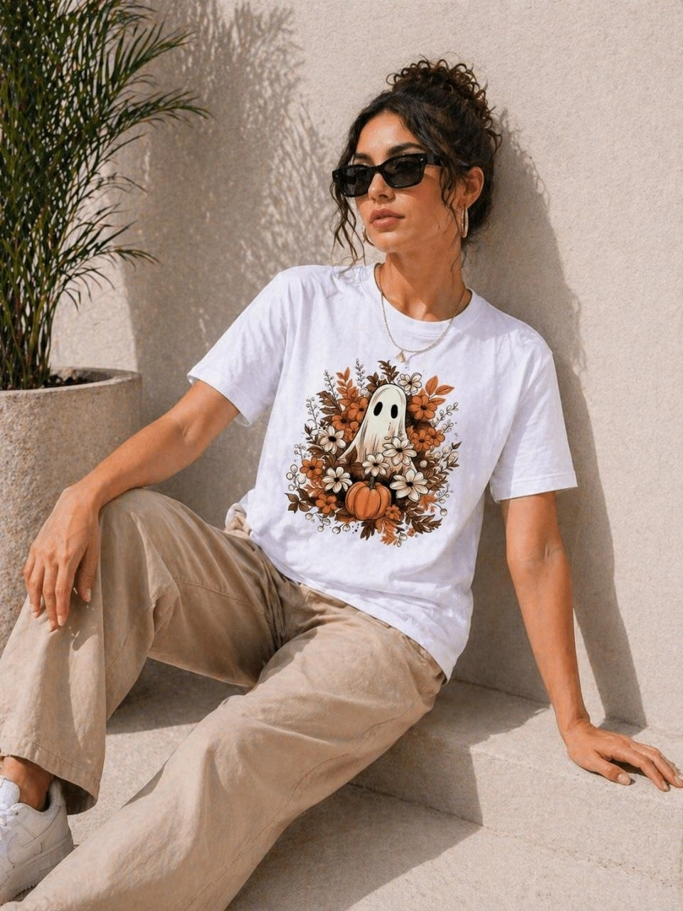 69f489343cefd-23888841-sw960sh1280 Kadın Balkabağı Hayalet Baskılı Tişört Kısa Kol Yazlık T-Shirt - Beyaz