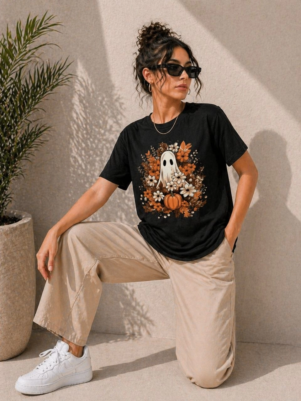 69f48974f1278-76268743-sw960sh1280 Kadın Balkabağı Hayalet Baskılı Tişört Kısa Kol Yazlık T-Shirt - Siyah - Görsel 2