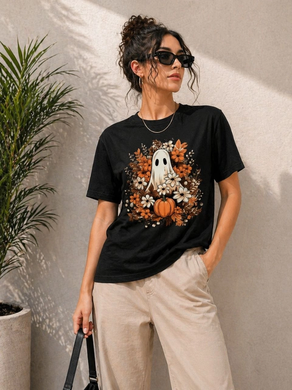 69f4897506697-97005855-sw960sh1280 Kadın Balkabağı Hayalet Baskılı Tişört Kısa Kol Yazlık T-Shirt - Siyah