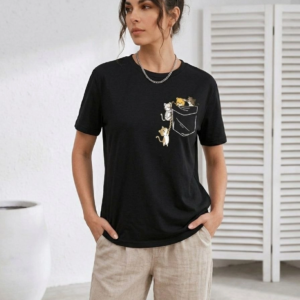 Kadın Sevimli Kedi Cep Baskılı Tişört Kısa Kol Yazlık T-Shirt - Siyah