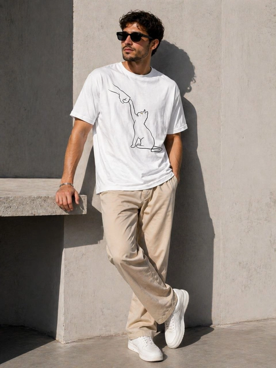 69f49576ddee2-49402658-sw960sh1280 Erkek Minimal Kedi Çizim Baskılı Tişört Kısa Kol Yazlık T-Shirt - Beyaz - Görsel 2