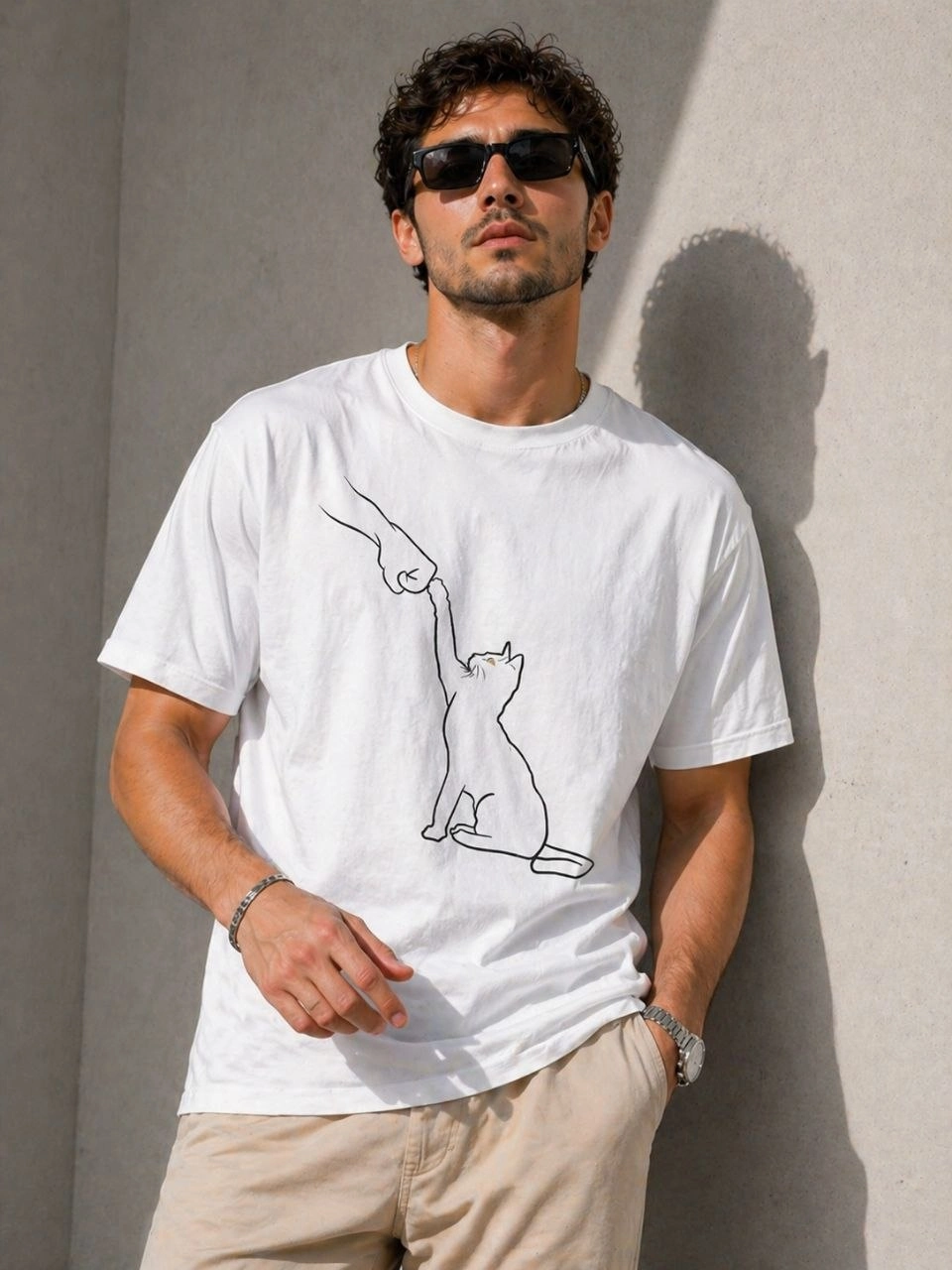 69f49576e5cd9-72538219-sw960sh1280 Erkek Minimal Kedi Çizim Baskılı Tişört Kısa Kol Yazlık T-Shirt - Beyaz
