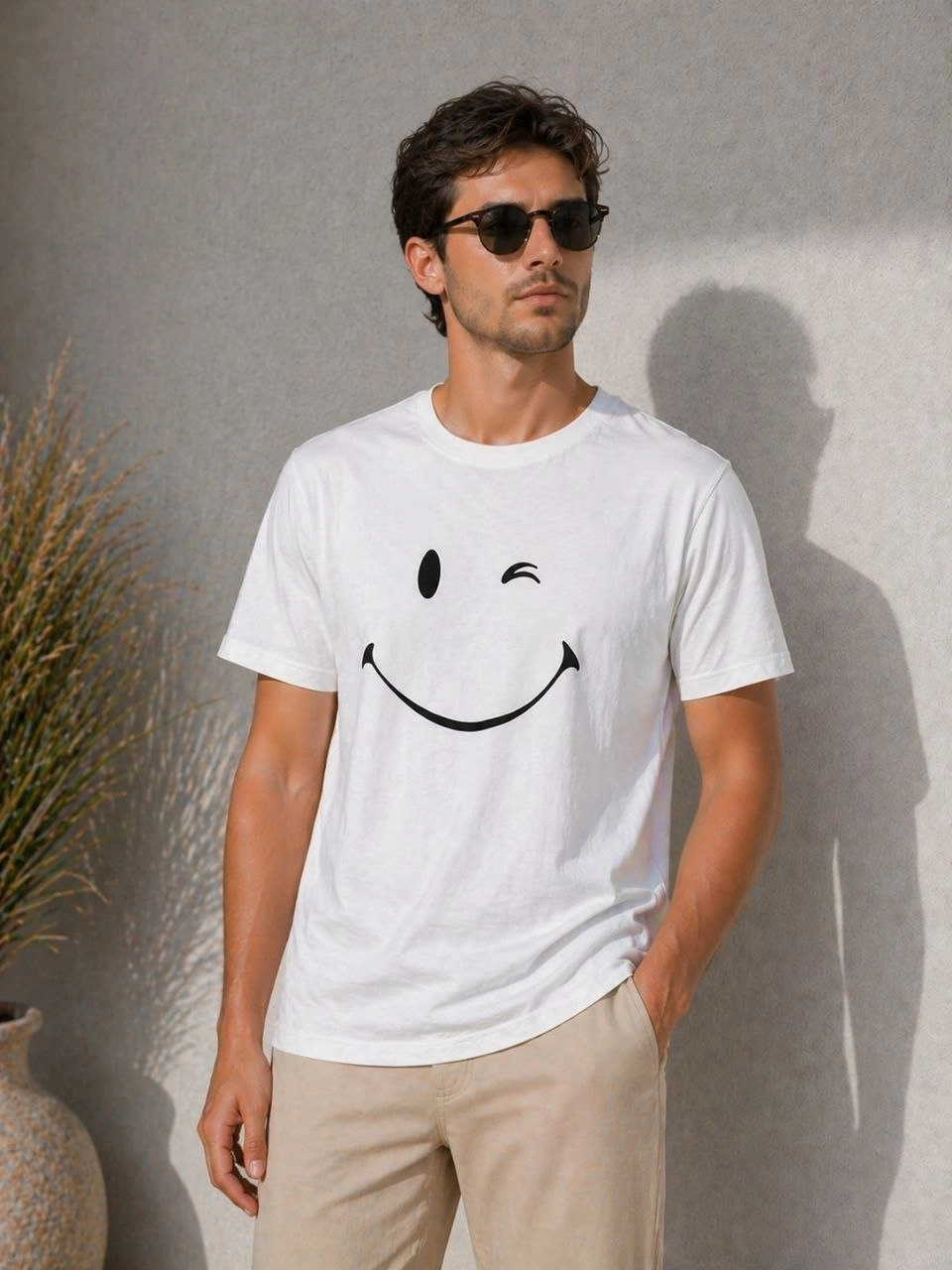 69f49724ad3d1-98189131-sw960sh1280 Erkek Minimal Gülümseyen Yüz Baskılı Tişört Kısa Kol Yazlık T-Shirt - Beyaz