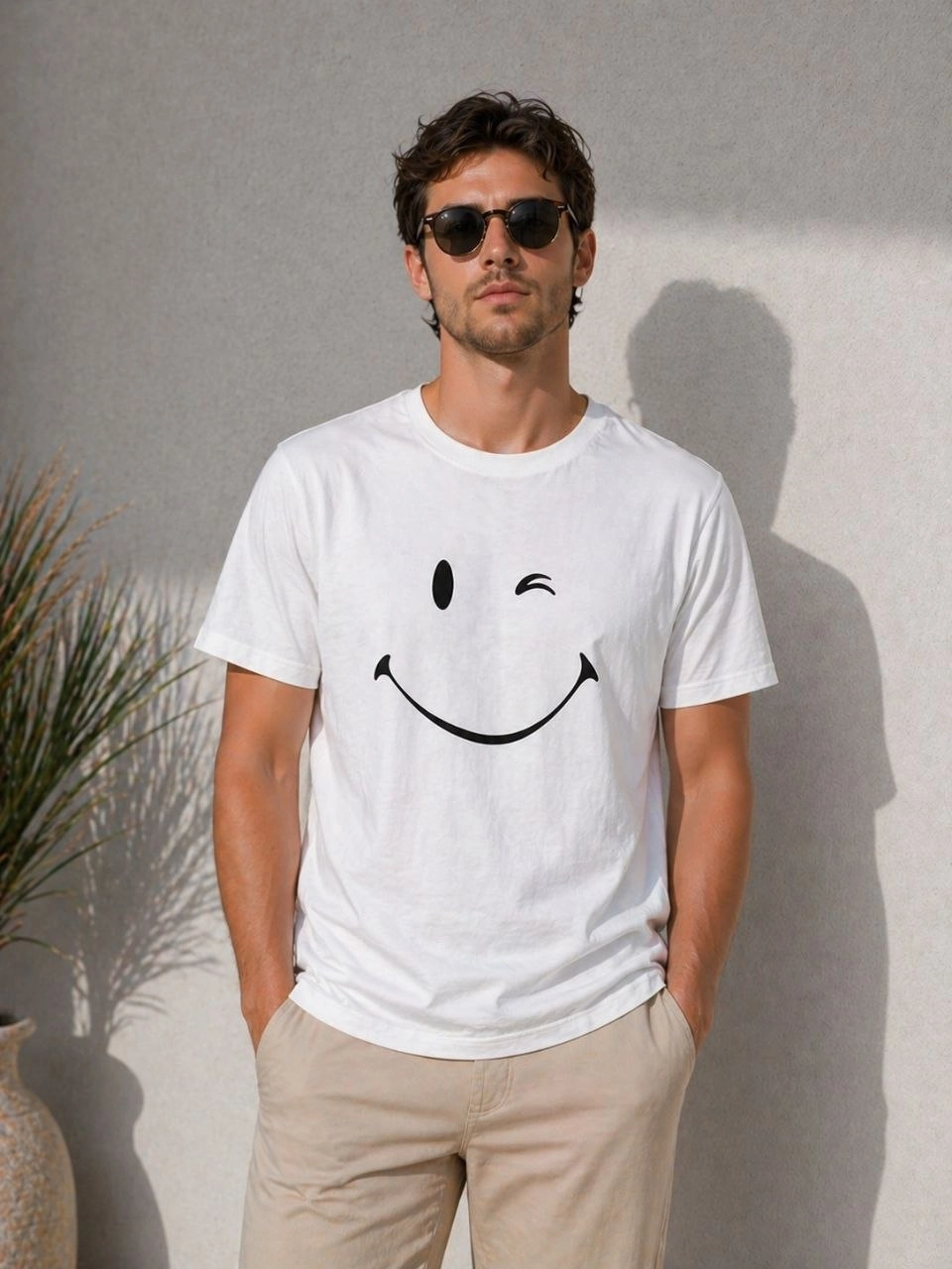 69f49724d222b-59560794-sw960sh1280 Erkek Minimal Gülümseyen Yüz Baskılı Tişört Kısa Kol Yazlık T-Shirt - Beyaz - Görsel 2