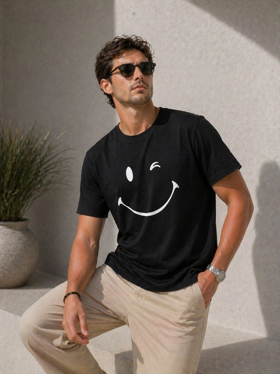 69f497dadddd3-61983747-sw960sh1280 Erkek Minimal Gülümseyen Yüz Baskılı Tişört Kısa Kol Yazlık T-Shirt - Siyah